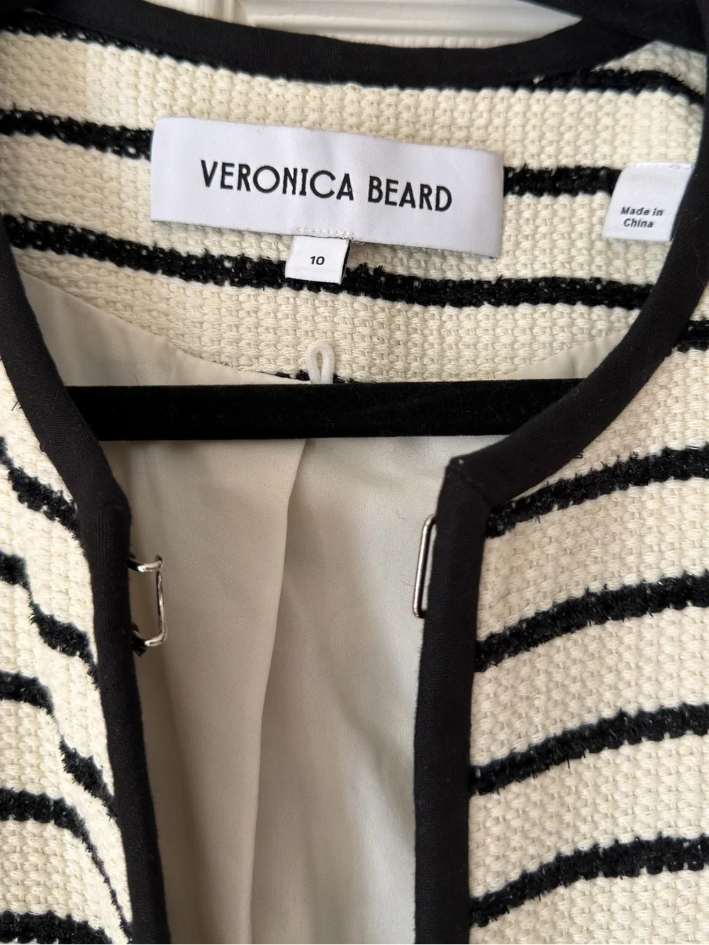 Veronica Beard Black & White Striped Collarless‎ Tweed Jacket